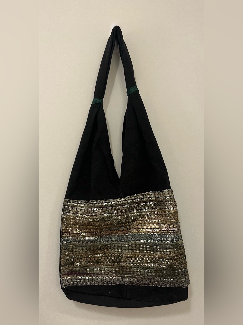 Black Shoulder Bag with Gold Sequin Panel